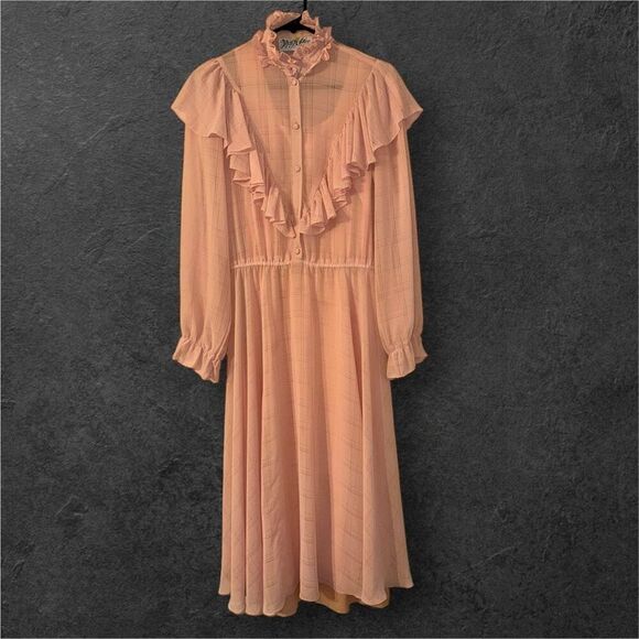 Vintage Miss Ashlee sz S Womens Blush Chiffon Ruffle Midi Dress Prairie Cottage - Picture 3 of 6